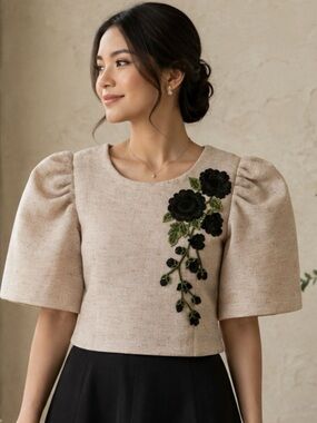 Embroidered Puff-Sleeve Crop Top - Beige with Black Floral